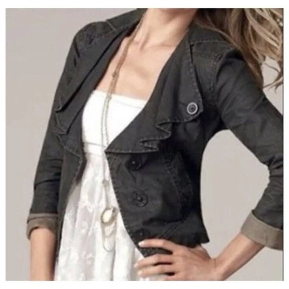 Cabi Black Gray Waxed Linen Moto Jacket Blazer M